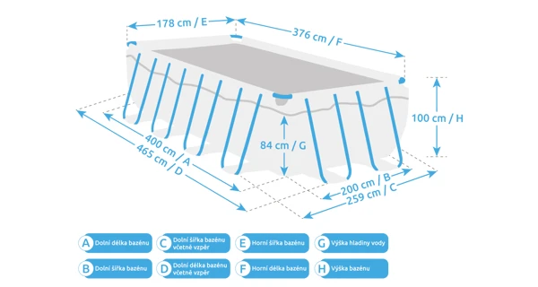 Rozměry bazénu Florida Premium 2,00x4,00x1,00 m s kartušovou filtrací a příslušenstvím