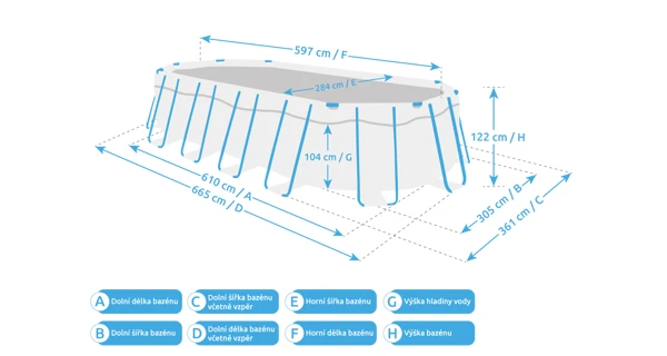 Rozměry bazénu Florida Premium ovál 6,10x3,05x1,22 m s kartušovou filtrací a příslušenstvím