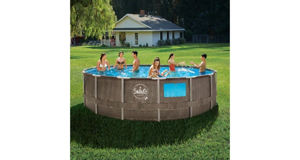 Bazén Florida SWING 4,57x1,22 m s kartušovou filtrací a příslušenstvím - motiv HNĚDÝ RATAN + okno