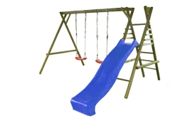 Dětská dřevěná houpačka Marimex 11 + modrá skluzavka