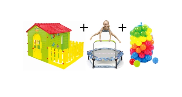 Dětský domeček + trampolína 4v1 Tropic Jungle + plastové míčky