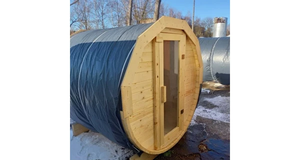 Finská sudová sauna 2,4 m s teráskou a kamny na dřevo