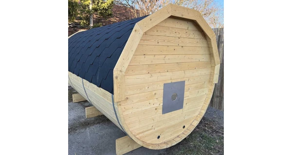 Finská sudová sauna 3,5 m s odpočívárnou, teráskou a elektrickými kamny