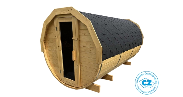 Finská sudová sauna 3,5 m s odpočívárnou, teráskou a elektrickými kamny