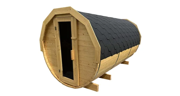 Finská sudová sauna 3,5 m s odpočívárnou, teráskou a elektrickými kamny