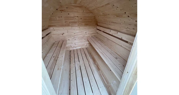 Finská sudová sauna 3,5 m s odpočívárnou, teráskou a kamny na dřevo