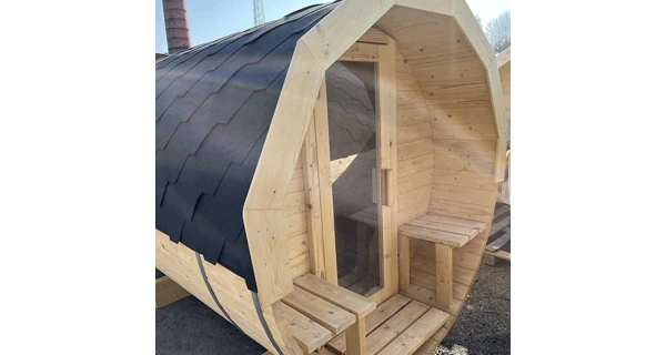 Finská sudová sauna 3,5 m s odpočívárnou, teráskou a kamny na dřevo