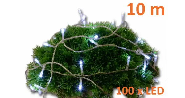 Řetěz 10 m - 100 LED - studená bílá - spínač
