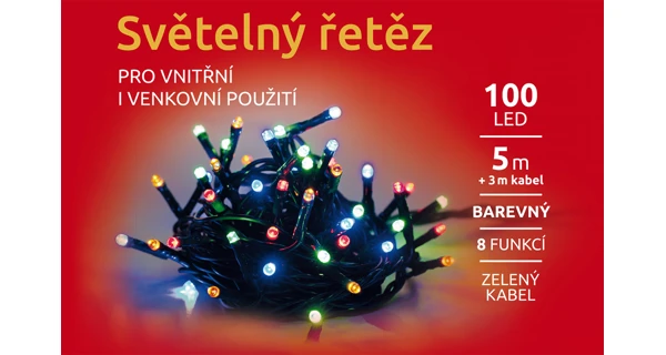 Světelný řetěz 100 LED - barevná - zelená - mód