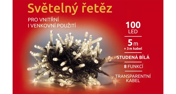 Světelný řetěz 100 LED - studená bílá - transparent - mód
