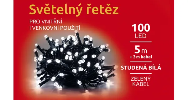 Světelný řetěz 100 LED - studená bílá - zelená