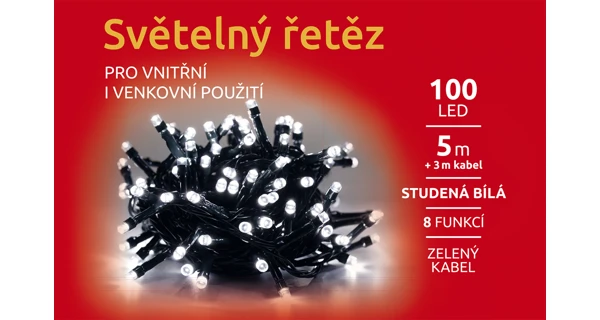 Světelný řetěz 100 LED - studená bílá - zelená - mód