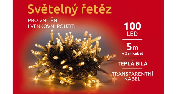 Světelný řetěz 100 LED - teplá bílá - transparent