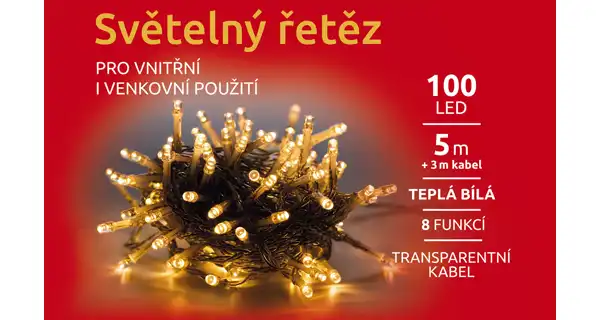 Světelný řetěz 100 LED - teplá bílá - transparent - mód