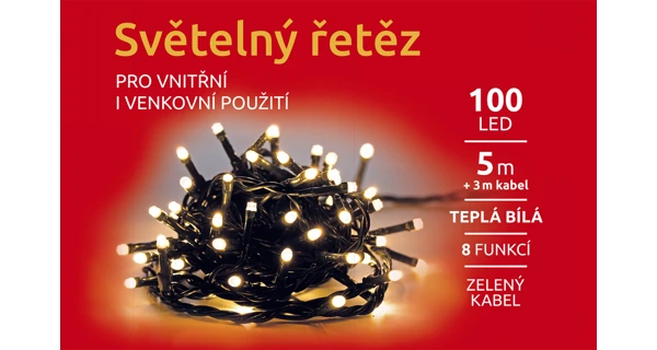 Světelný řetěz 100 LED - teplá bílá - zelená - mód