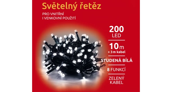 Světelný řetěz 200 LED - studená bílá - mód